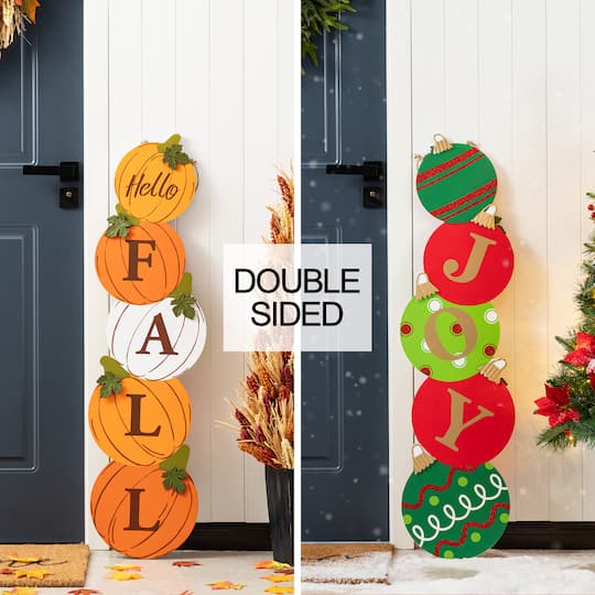 Glitzhome® 41.75" Fall and Christmas Double-Sided Wooden Pumpkin and Ornament Porch Sign